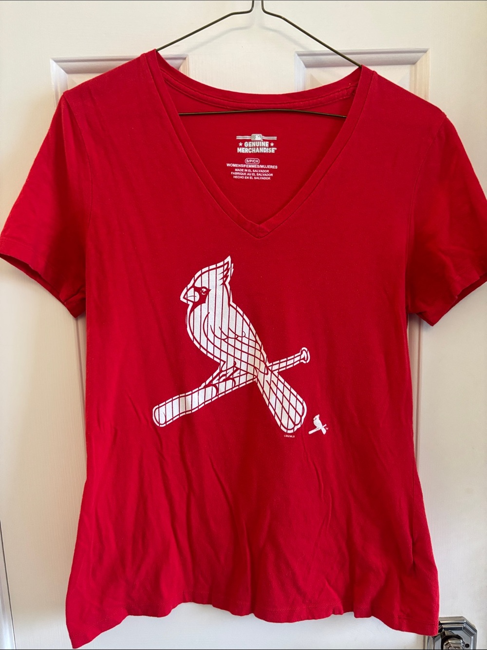 Women's St. Louis Cardinals Red V-Neck Tee with White Cardinal Graphic